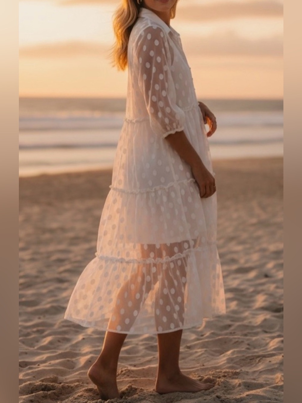Ember White Sheer Polka Dot Tiered Midi Dress – NWT Size L